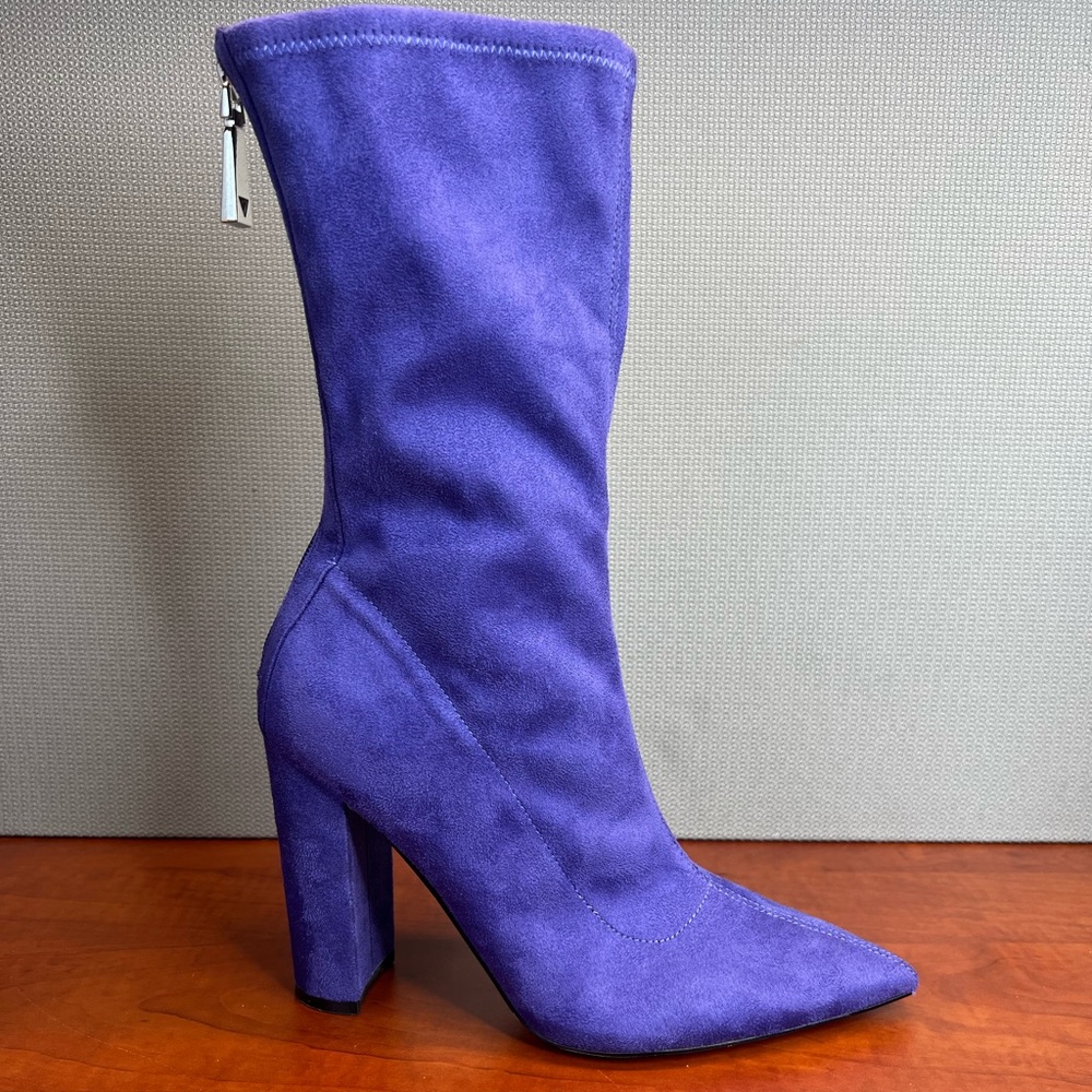 GUESS Women's Abbale Sock Heel Bootie Pointed Toe In Purple Back Zipper